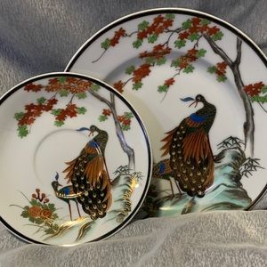 Vintage Kutani c.1930 porcelain peacock plates and saucers